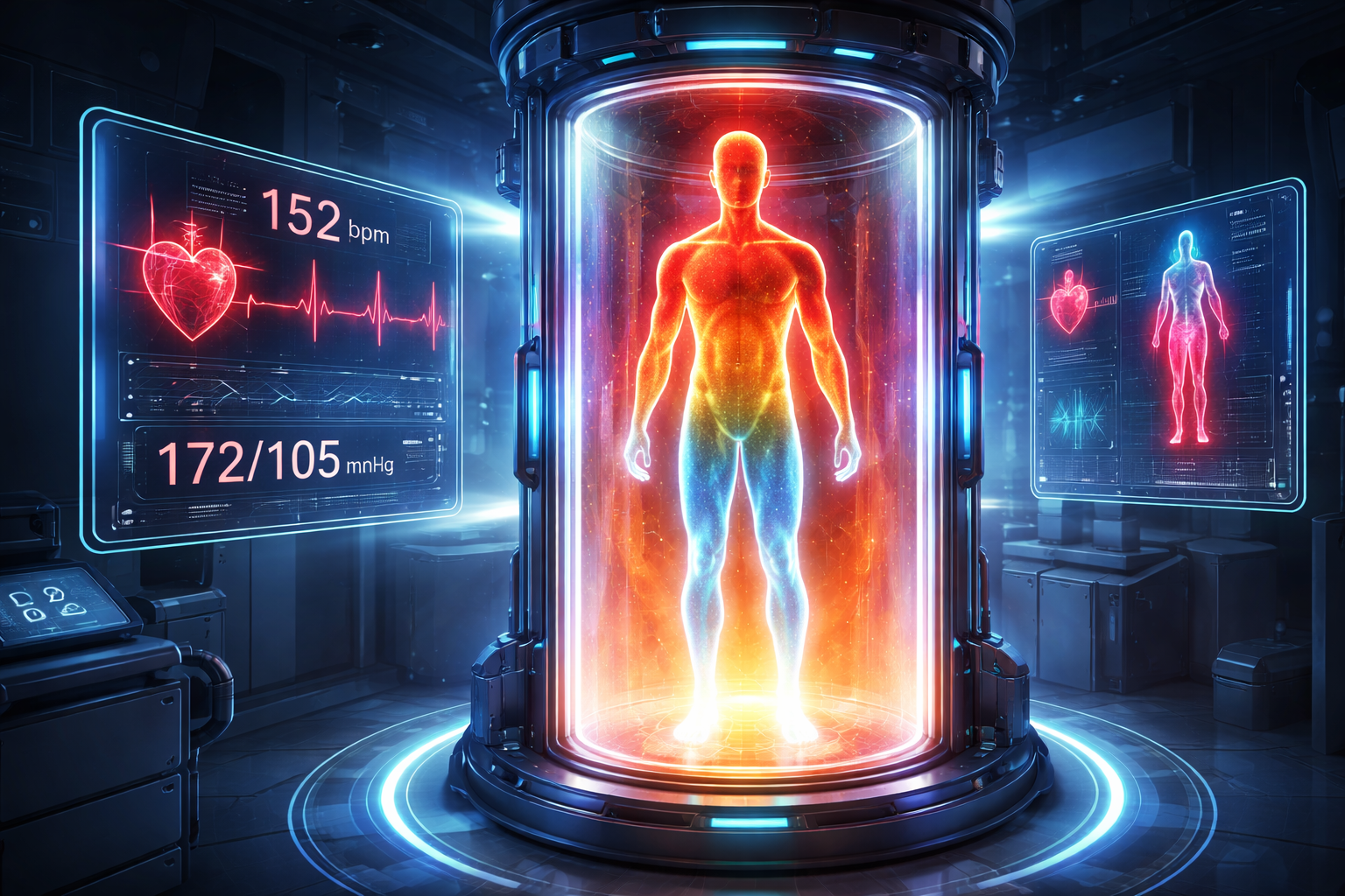3D illustration of a clinical heat chamber with a glowing human silhouette inside, displaying thermal gradients from blue to red, and futuristic holographic screens showing heart rate and blood pressure spikes