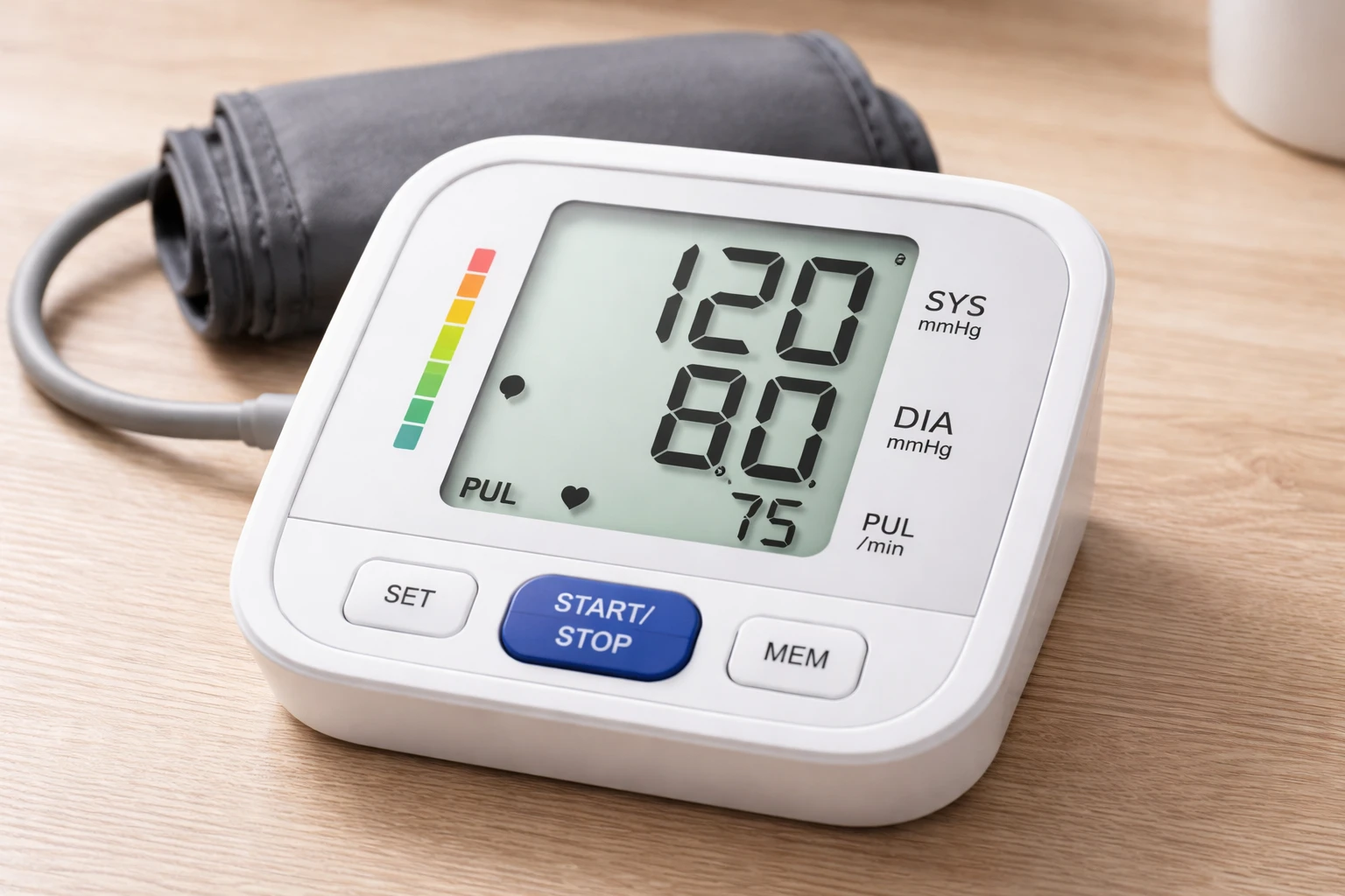 A digital blood pressure monitor displaying a baseline reading