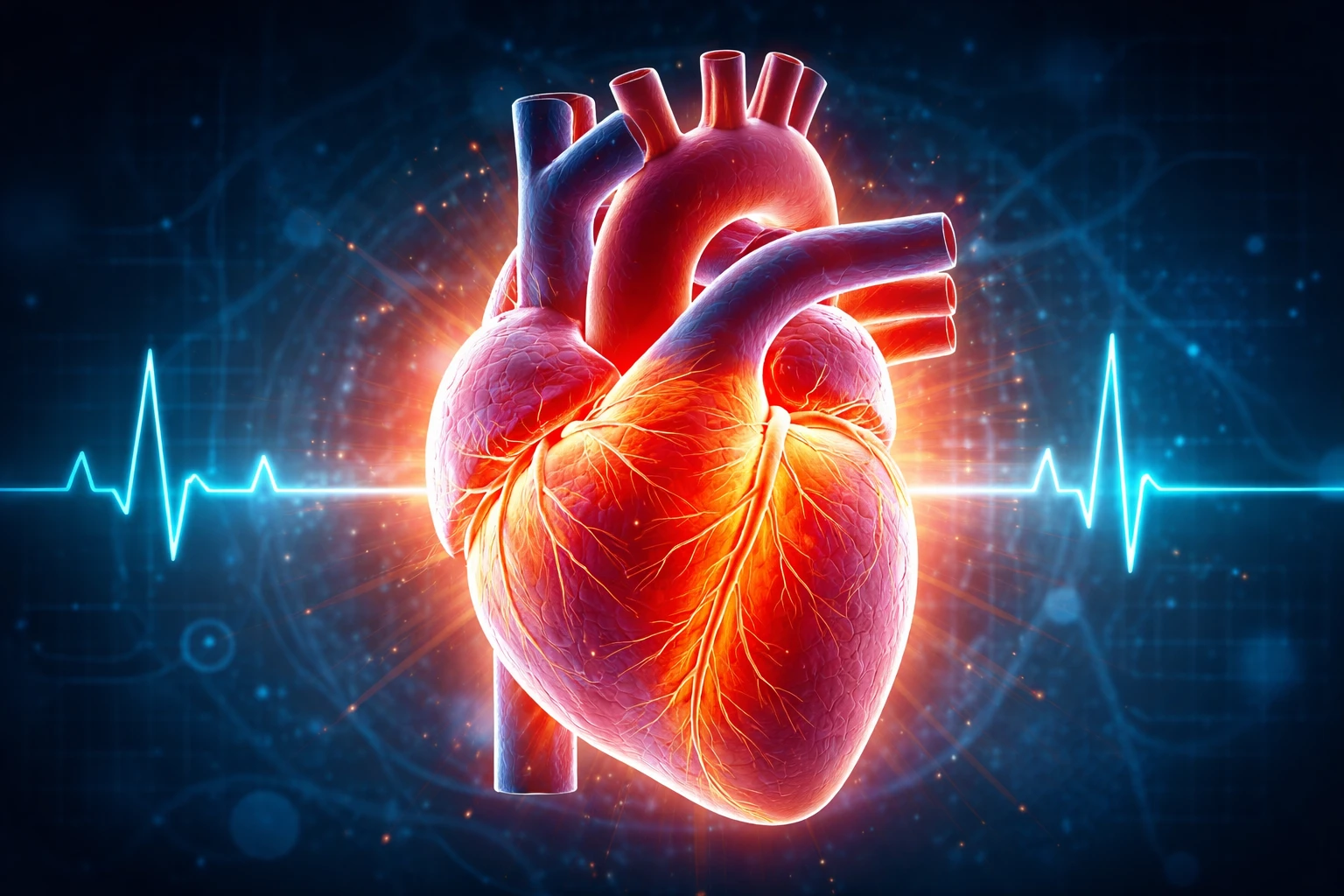 A glowing digital rendering of a human heart beating