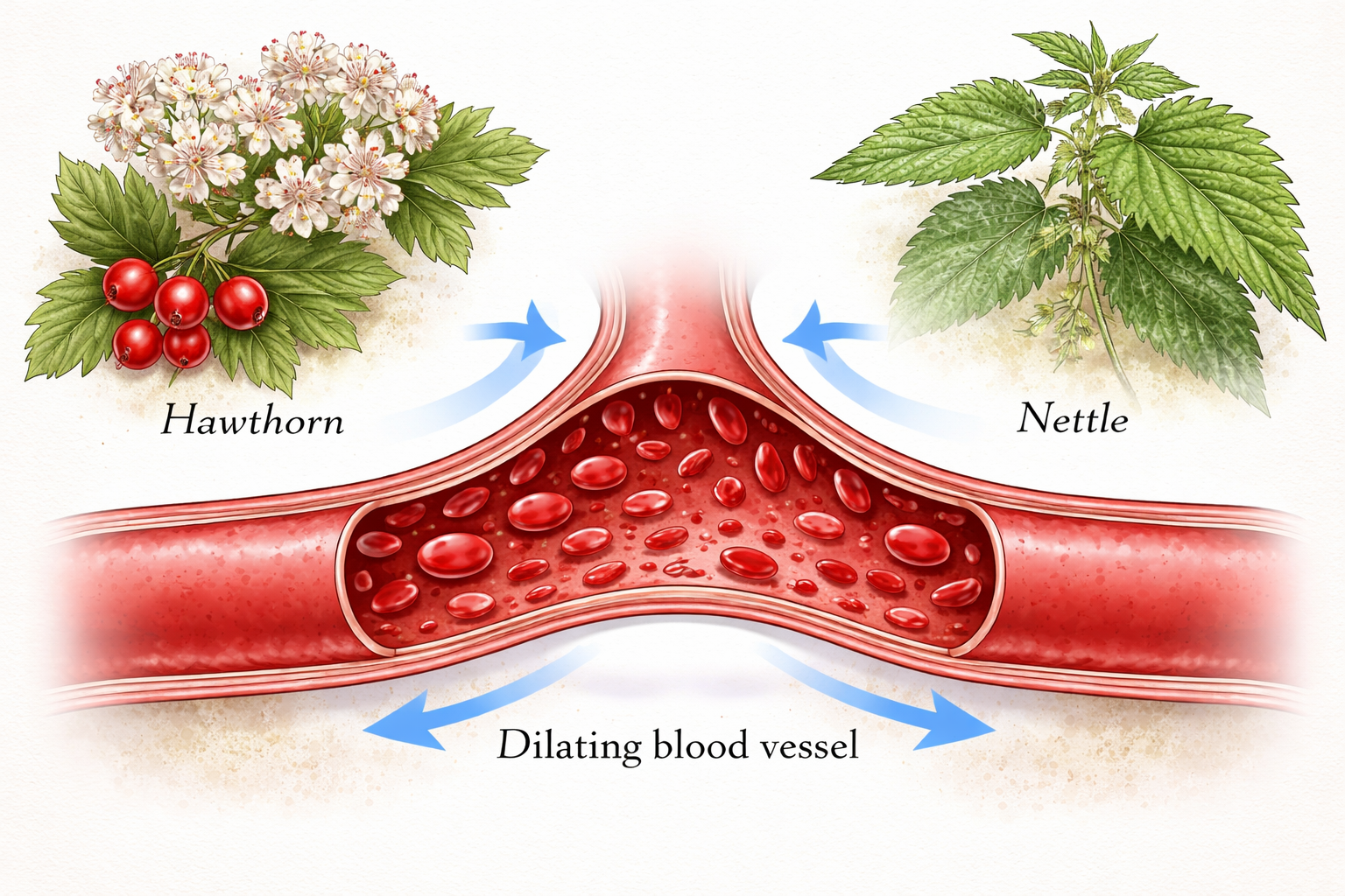 Medical diagram of blood vessel dilation with botanicals