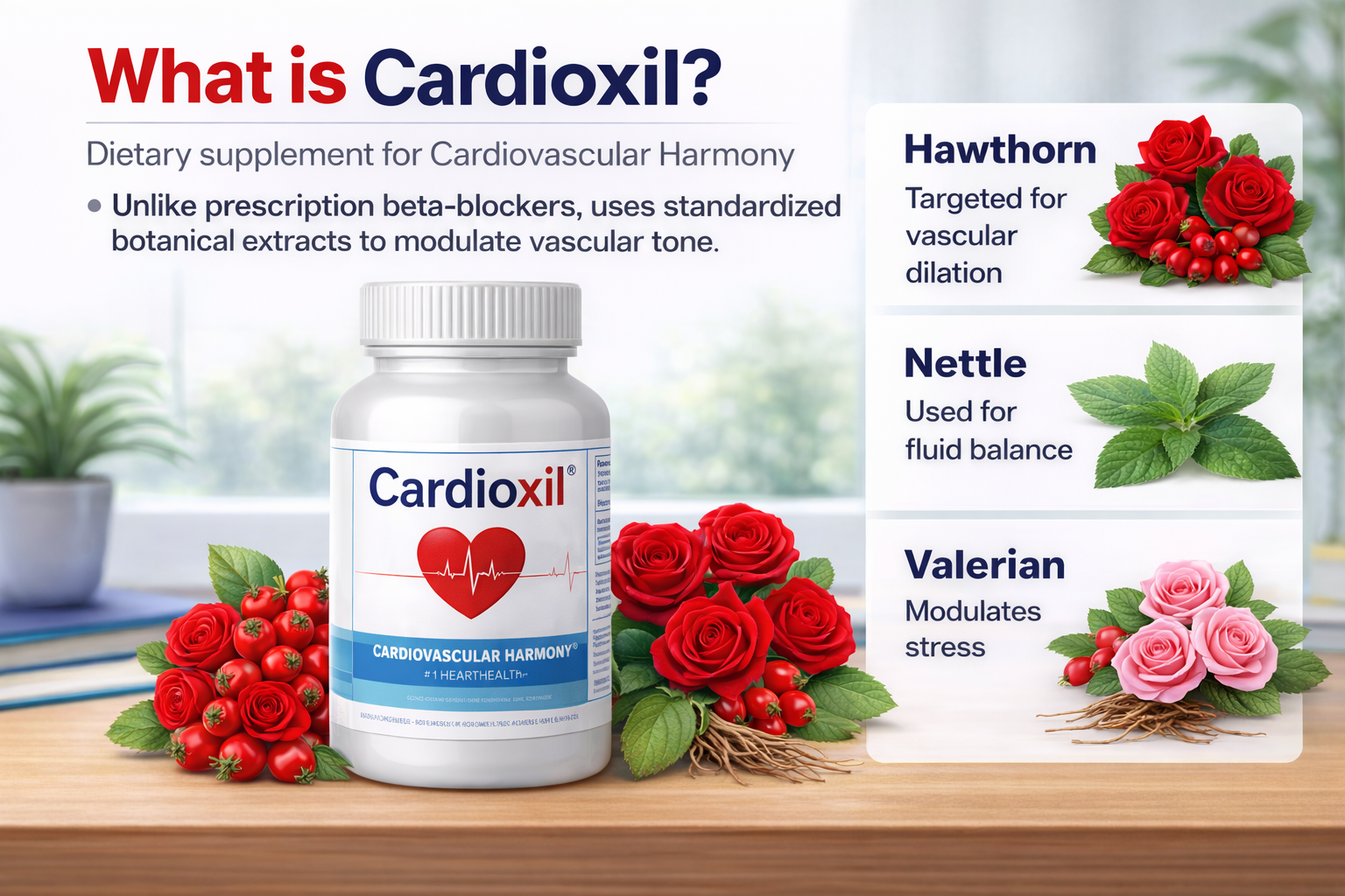 Cardioxil bottle on a desk