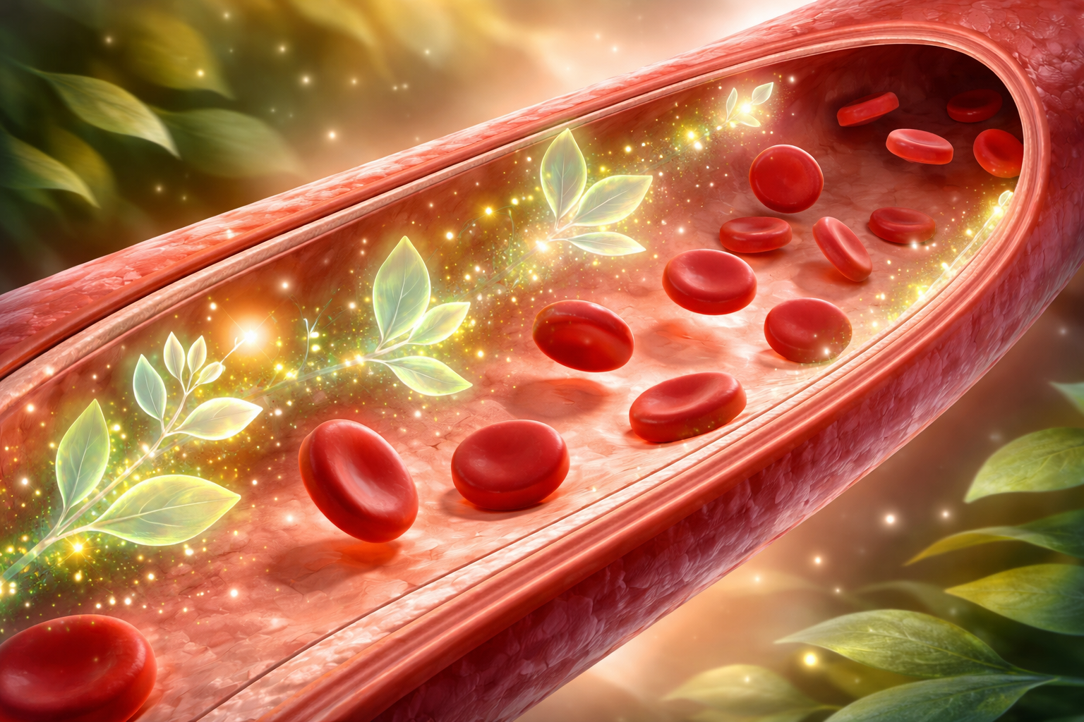 Detailed medical illustration of a cross-section of a healthy blood vessel undergoing vasodilation. Glowing, abstract botanical molecules are shown gently interacting with the smooth inner endothelial lining, symbolizing natural vascular protection, elasticity, and healthy blood flow.